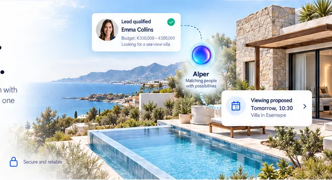 Approved design illustration: a coastal villa, a qualified buyer, Alper and a proposed viewing. Sample content.