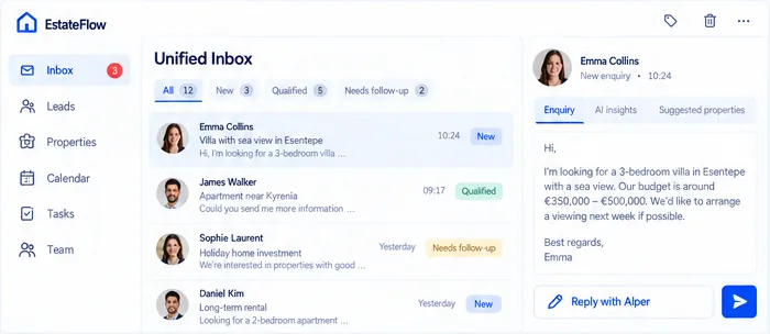Approved shared inbox design showing example enquiries and an Alper reply. Illustrative data, not an active inbox.