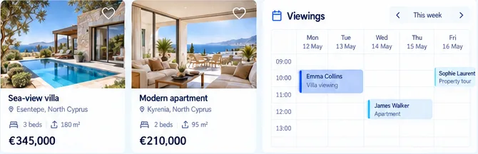 Approved property and calendar illustration: a sea-view villa, a modern apartment and sample viewing appointments.